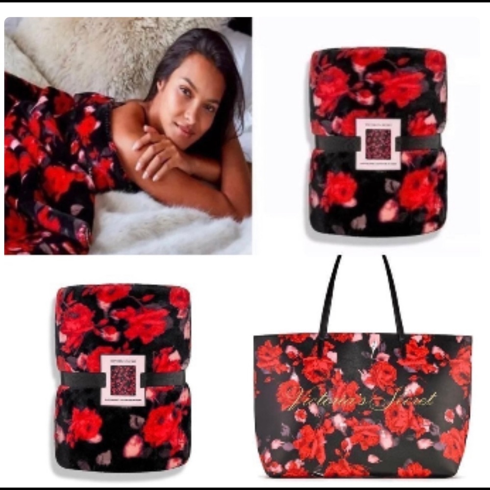 Victoria secret black red rose tote sherpa blanket